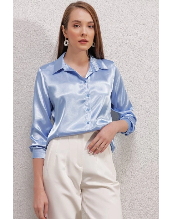3964 Hafif Dökümlü Saten Gömlek  Mavi