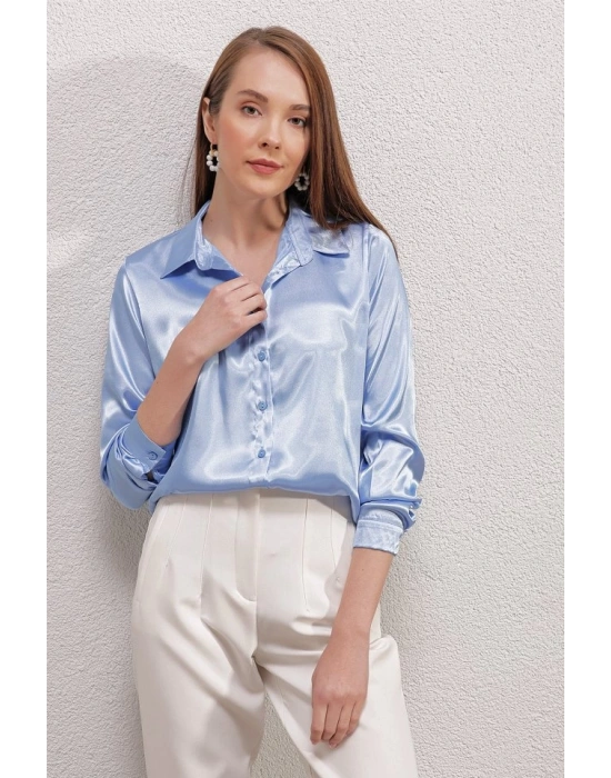 3964 Hafif Dökümlü Saten Gömlek  Mavi
