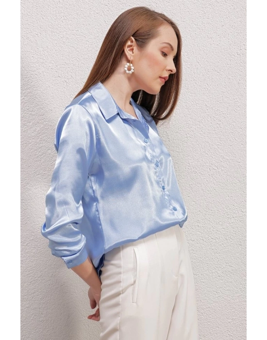 3964 Hafif Dökümlü Saten Gömlek  Mavi