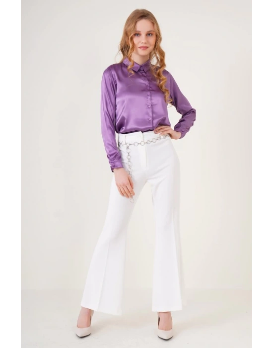 3964 Hafif Dökümlü Saten Gömlek  Mor