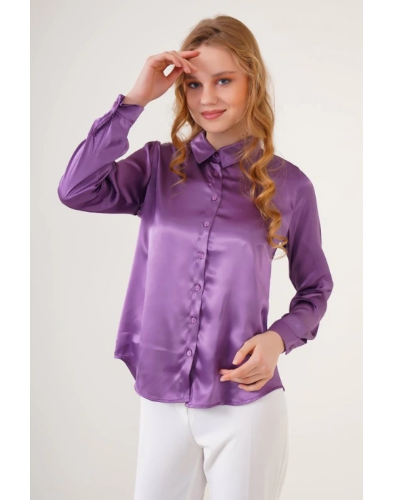 3964 Hafif Dökümlü Saten Gömlek  Mor