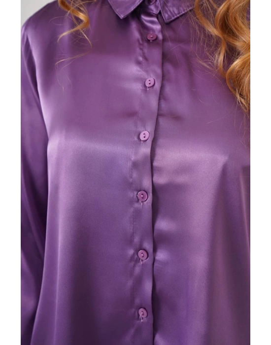 3964 Hafif Dökümlü Saten Gömlek  Mor