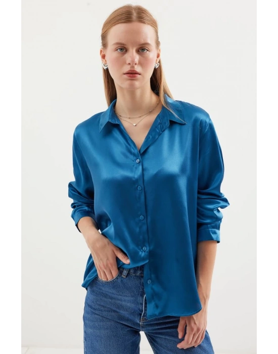 3964 Hafif Dökümlü Saten Gömlek  Petrol