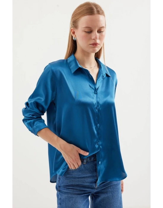 3964 Hafif Dökümlü Saten Gömlek  Petrol