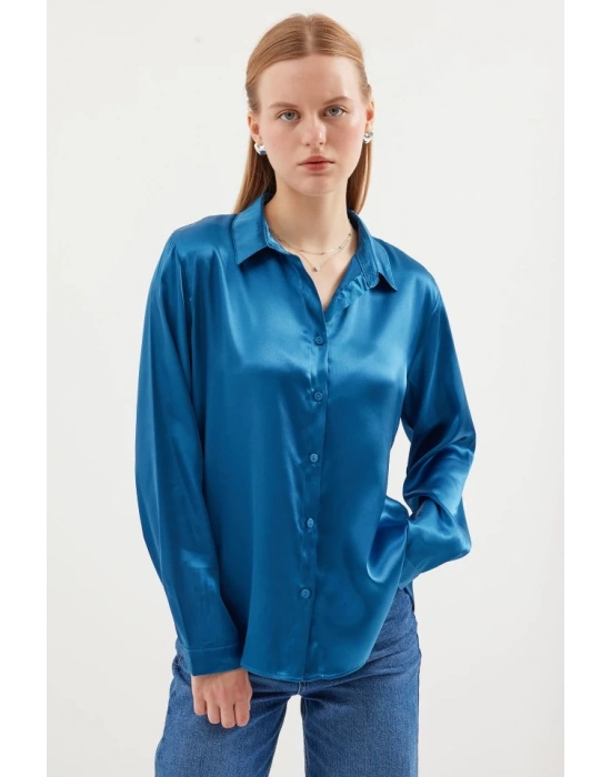 3964 Hafif Dökümlü Saten Gömlek  Petrol