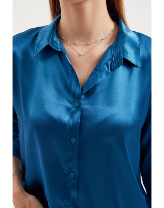 3964 Hafif Dökümlü Saten Gömlek  Petrol