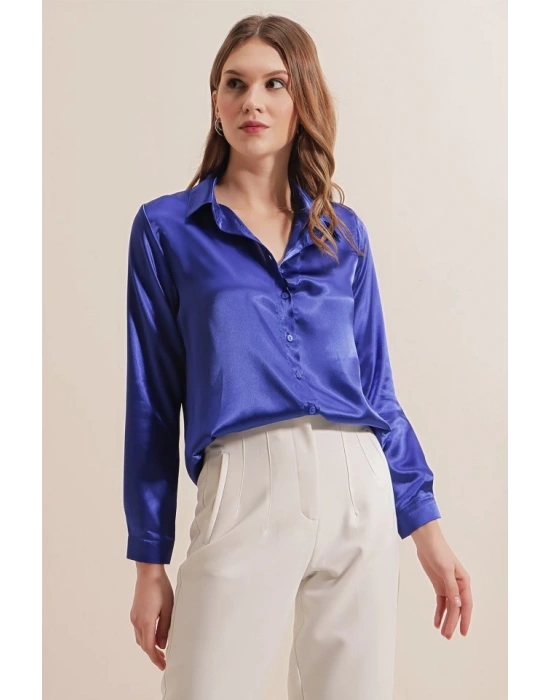 3964 Hafif Dökümlü Saten Gömlek  Saks