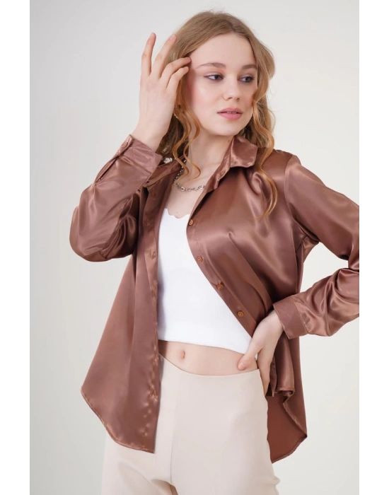 3964 Hafif Dökümlü Saten Gömlek  Taba