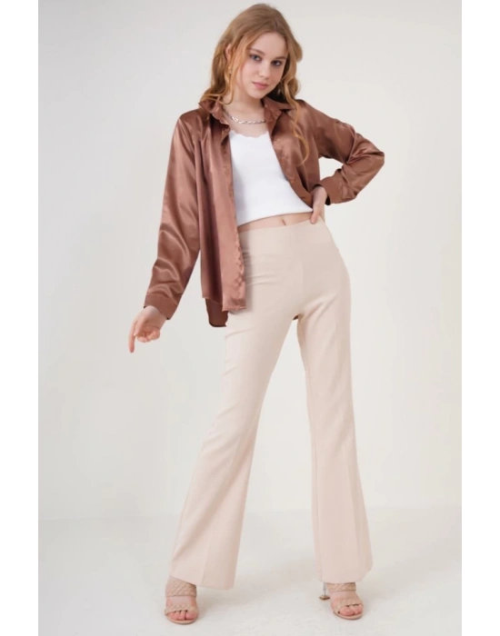 3964 Hafif Dökümlü Saten Gömlek  Taba