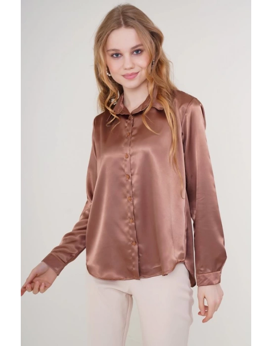 3964 Hafif Dökümlü Saten Gömlek  Taba