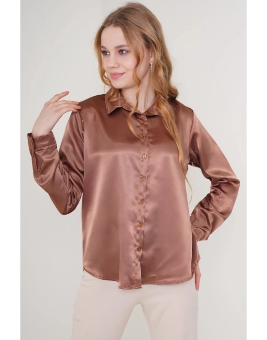 3964 Hafif Dökümlü Saten Gömlek  Taba