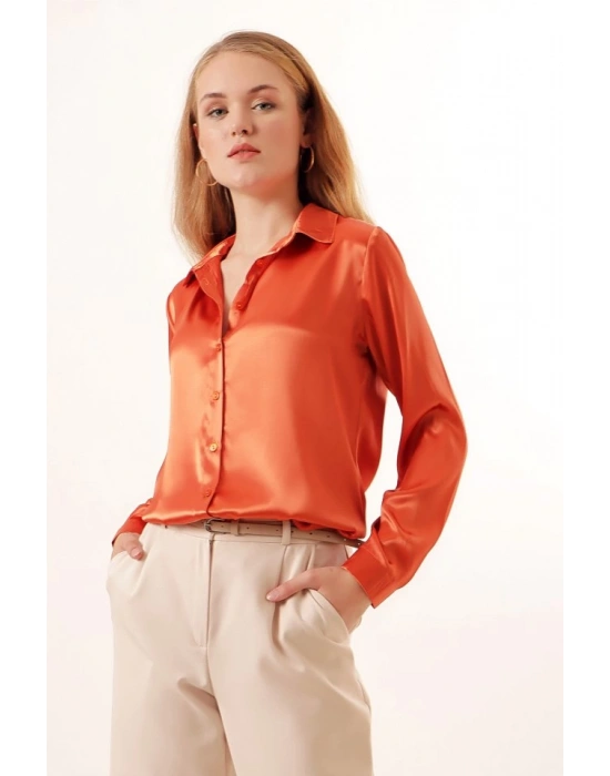 3964 Hafif Dökümlü Saten Gömlek  Turuncu