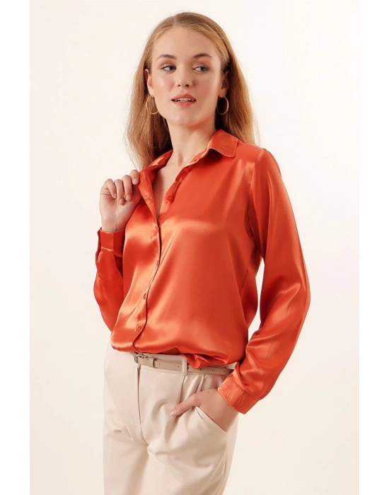3964 Hafif Dökümlü Saten Gömlek  Turuncu