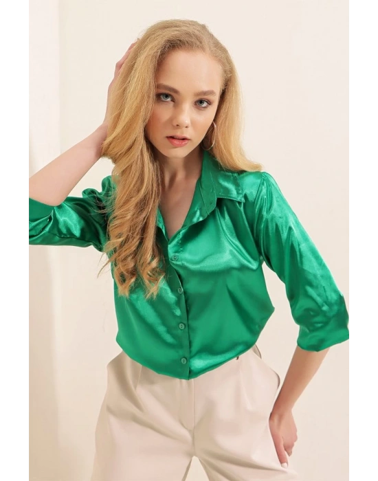 3964 Hafif Dökümlü Saten Gömlek  Yeşil