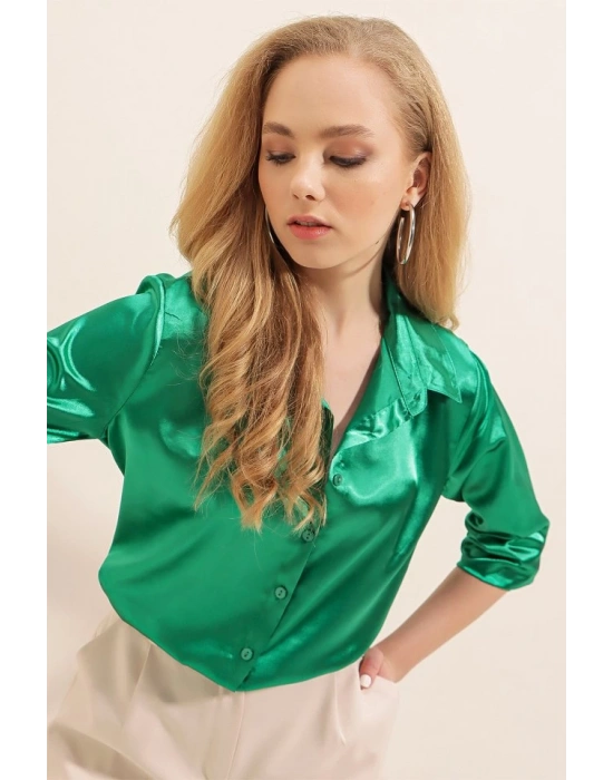 3964 Hafif Dökümlü Saten Gömlek  Yeşil