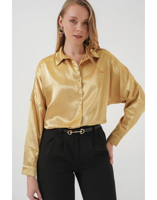 3985 Oversize Saten Gömlek  Altın Sarısı