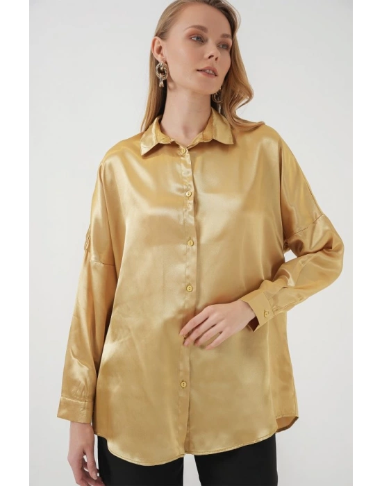 3985 Oversize Saten Gömlek  Altın Sarısı