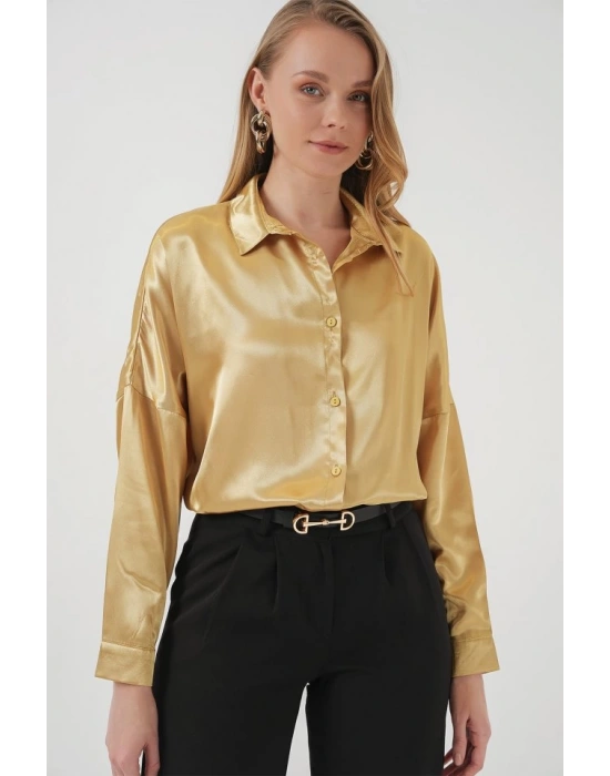 3985 Oversize Saten Gömlek  Altın Sarısı