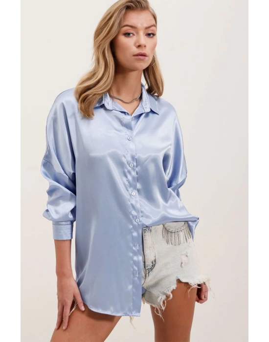 3985 Oversize Saten Gömlek  Mavi