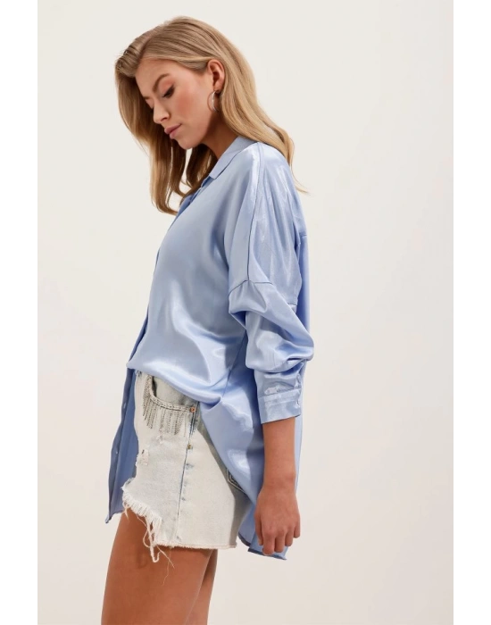 3985 Oversize Saten Gömlek  Mavi