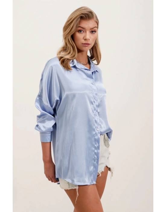 3985 Oversize Saten Gömlek  Mavi