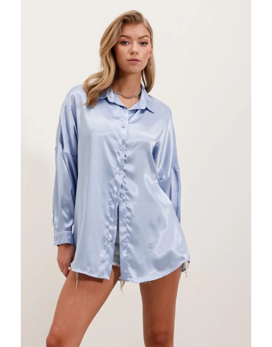 3985 Oversize Saten Gömlek  Mavi