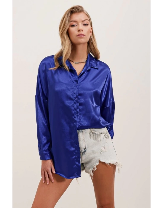 3985 Oversize Saten Gömlek  Saks