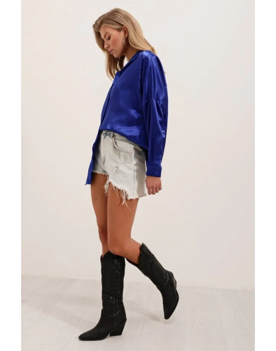 3985 Oversize Saten Gömlek  Saks