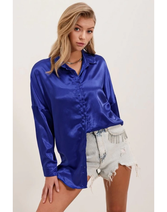 3985 Oversize Saten Gömlek  Saks