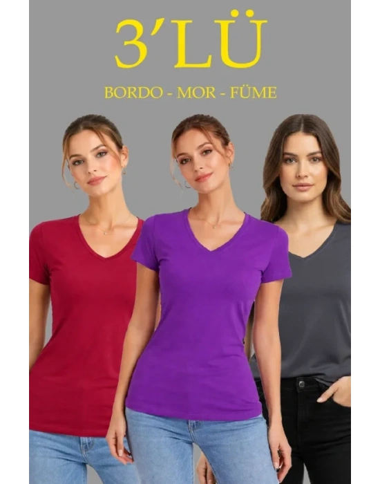 3lü V Yaka Tişört – Kısa Kollu Yazlık lim Fit Body  Bordo, or, Füme