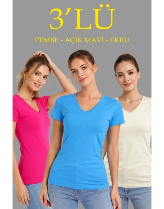 3lü V Yaka Tişört – Kısa Kollu Yazlık lim Fit Body  Pembe, Açık avi, Ekru