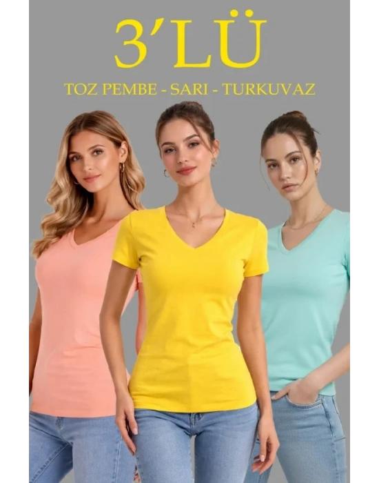 3lü V Yaka Tişört – Kısa Kollu Yazlık lim Fit Body  Toz Pembe, arı, Turkuvaz