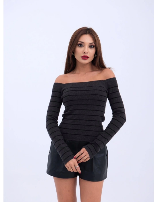 4206 TRİKO ÇİZGİLİ KAYIK YAKA CROPANTRASİTSİYAH