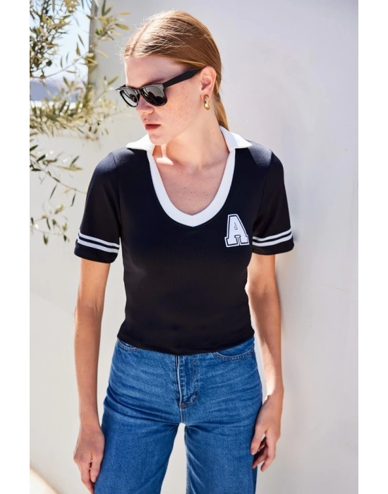 4320 Polo Yaka Basic Triko Bluz  Siyah