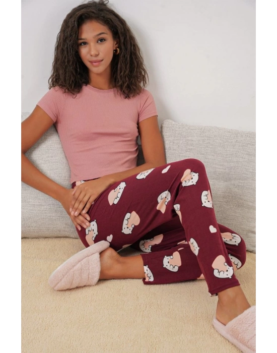 4323 Desenli Pijama Altı  Bordo