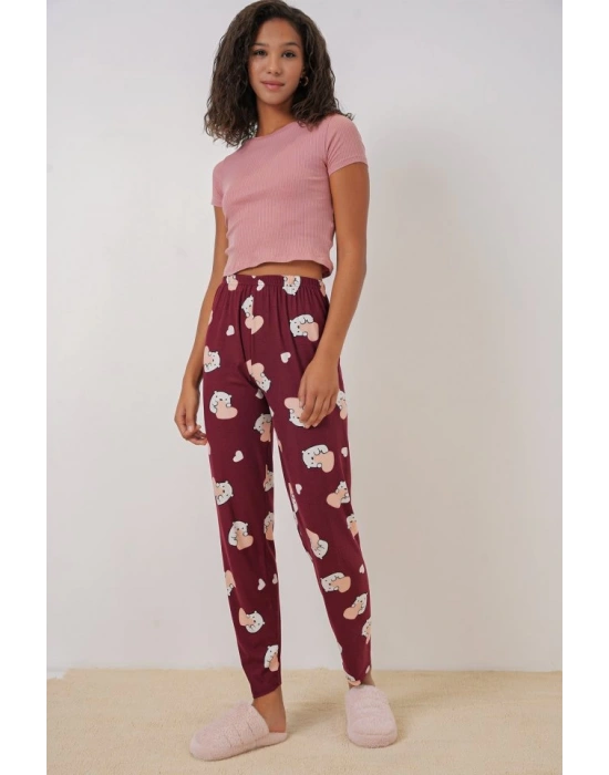 4323 Desenli Pijama Altı  Bordo