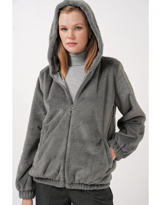 5091 Kapşonlu Kürklü İçi Astarlı Mont  Antrasit