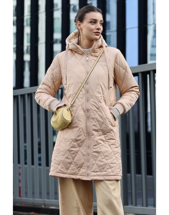 51 Kapitone Uzun Şişme Mont  Bej