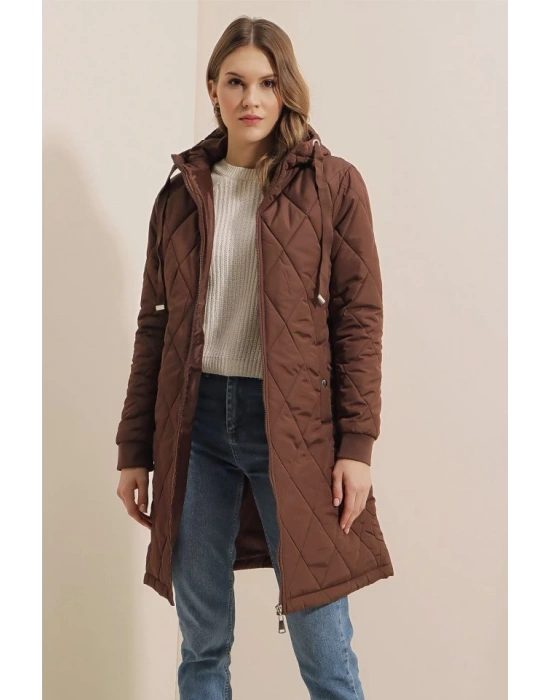 51 Kapitone Uzun Şişme Mont  Kahverengi