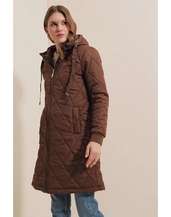 51 Kapitone Uzun Şişme Mont  Kahverengi