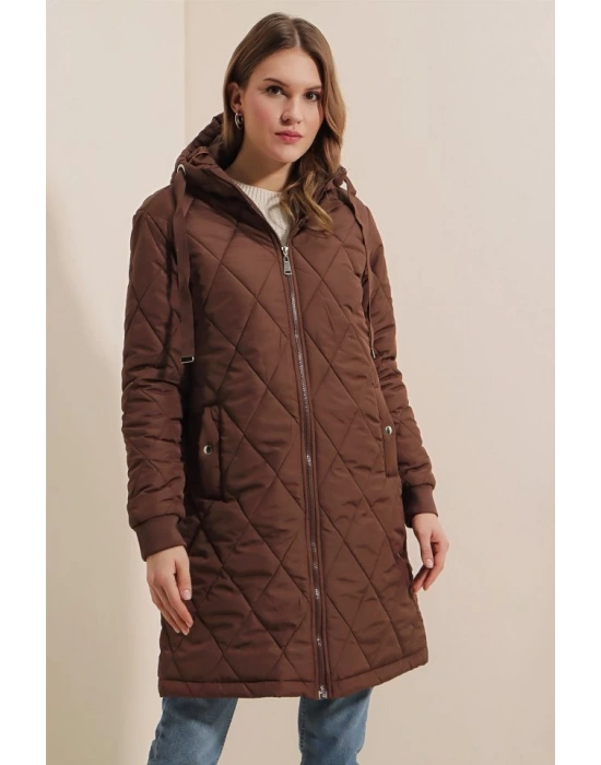 51 Kapitone Uzun Şişme Mont  Kahverengi