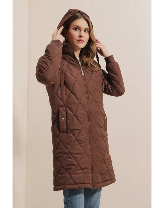 51 Kapitone Uzun Şişme Mont  Kahverengi