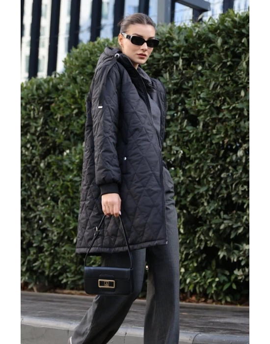 51 Kapitone Uzun Şişme Mont  Siyah