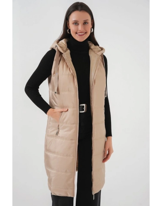 51 Kapşonlu Uzun Şişme Yelek  Bisküvi