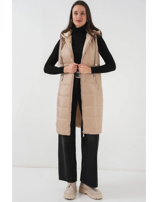 51 Kapşonlu Uzun Şişme Yelek  Bisküvi