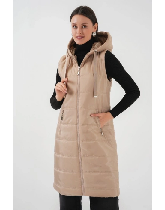 51 Kapşonlu Uzun Şişme Yelek  Bisküvi