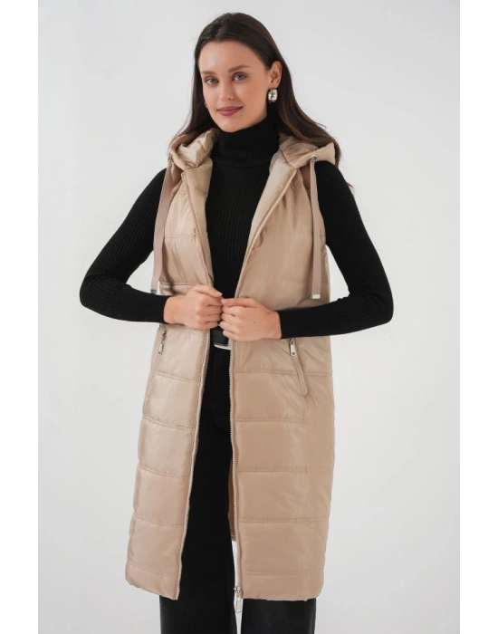 51 Kapşonlu Uzun Şişme Yelek  Bisküvi