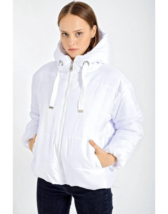5117 Kapşonlu Şişme Mont  Beyaz
