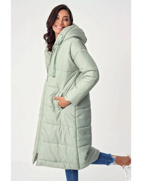 5120 Kapşonlu Uzun Şişme Mont  Mint