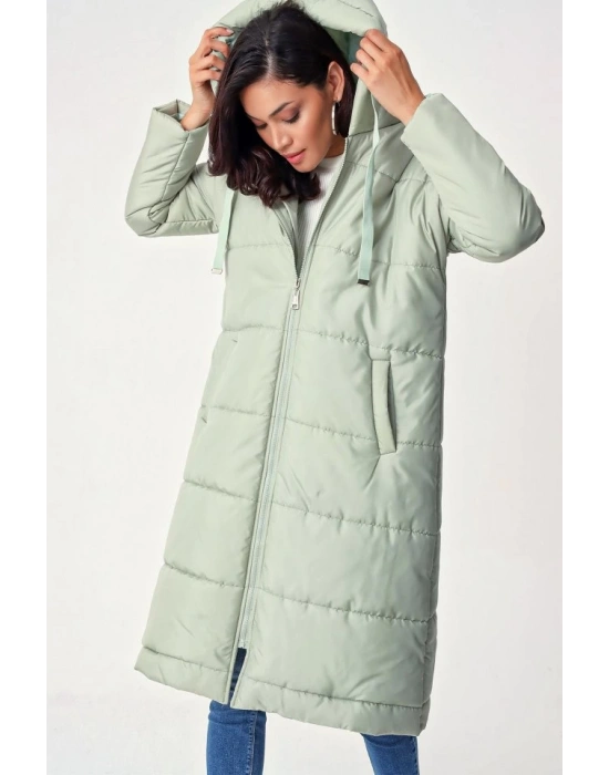 5120 Kapşonlu Uzun Şişme Mont  Mint